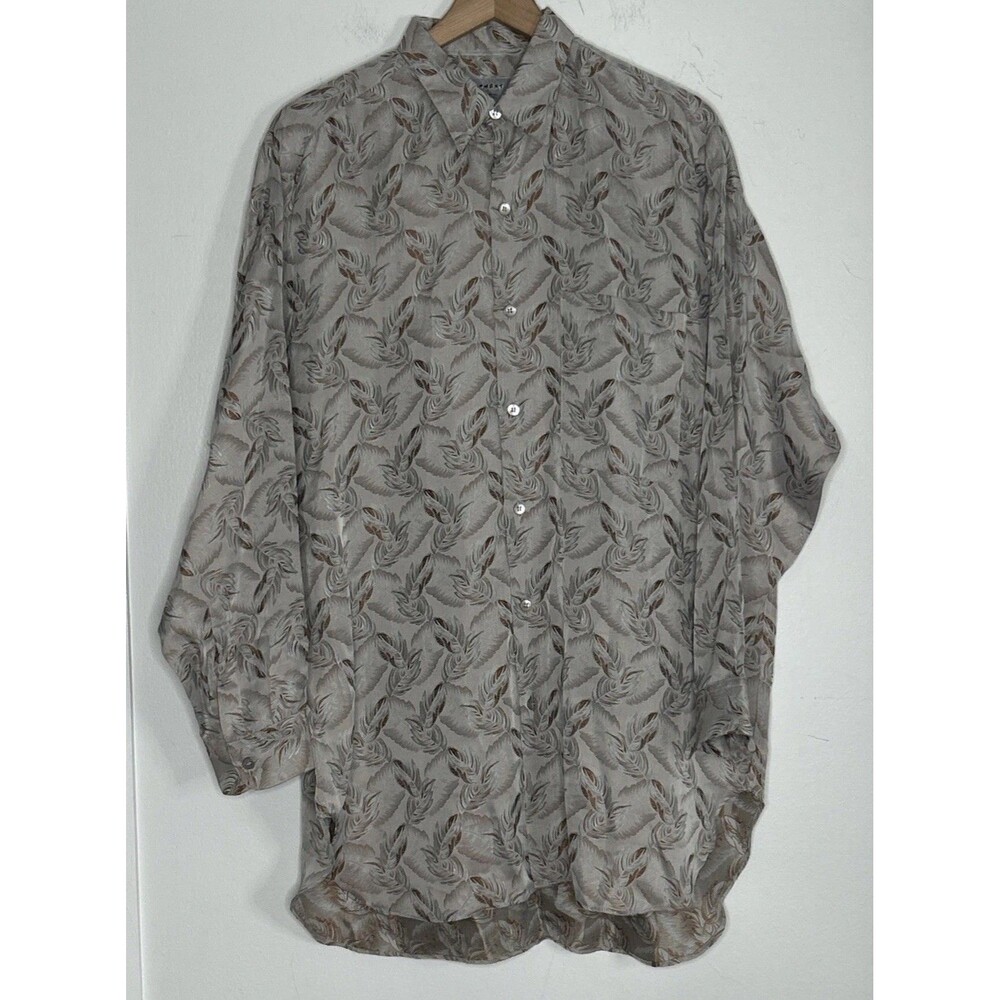 Vintage Equipment Mens Shirt Feather Geometric Metallic Grey Tunic Dress Shirt